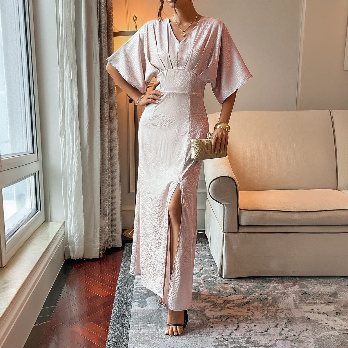 Vintage Split Short Sleeve Maxi Dresses Wholesale Womens Clothing N3824072300011