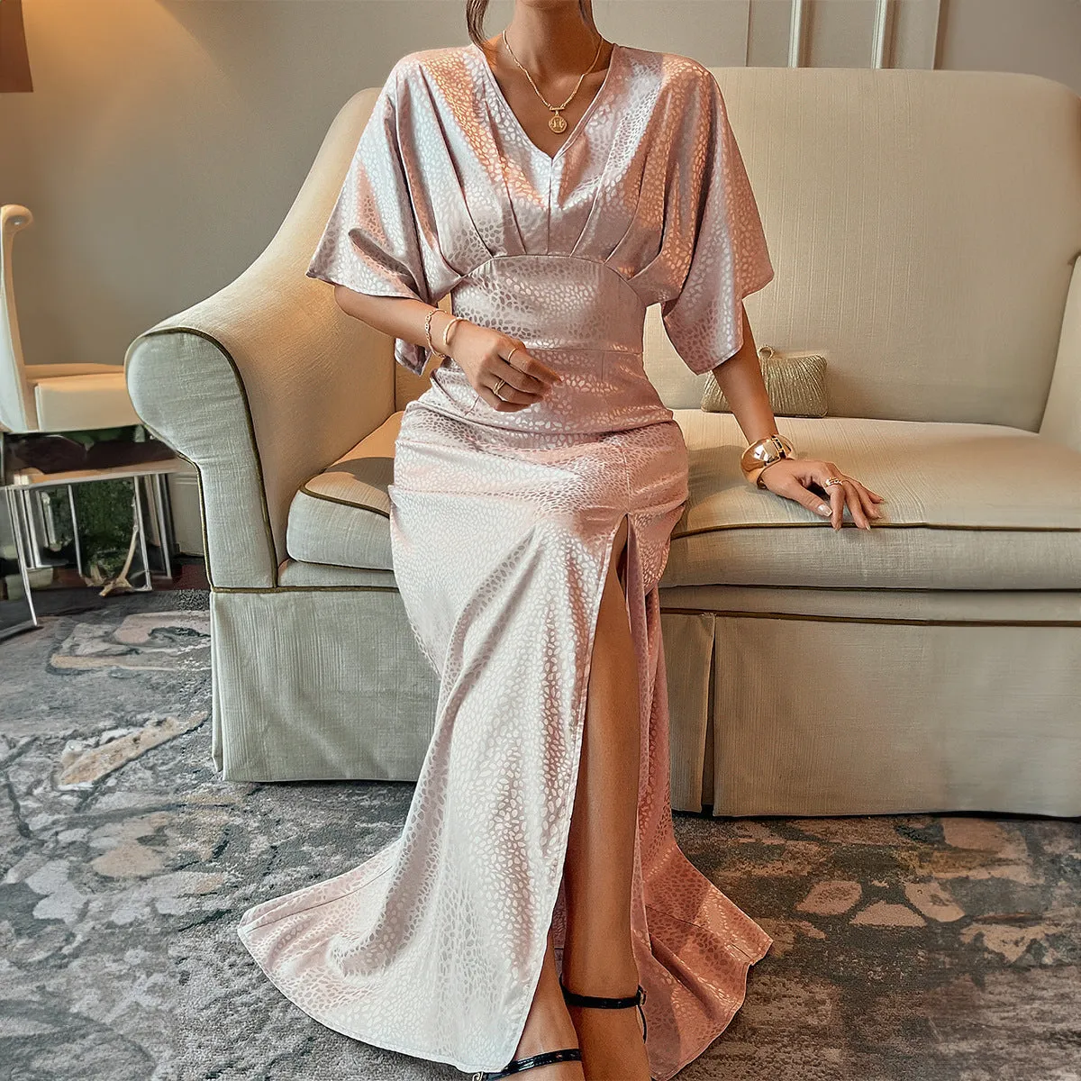 Vintage Split Short Sleeve Maxi Dresses Wholesale Womens Clothing N3824072300011