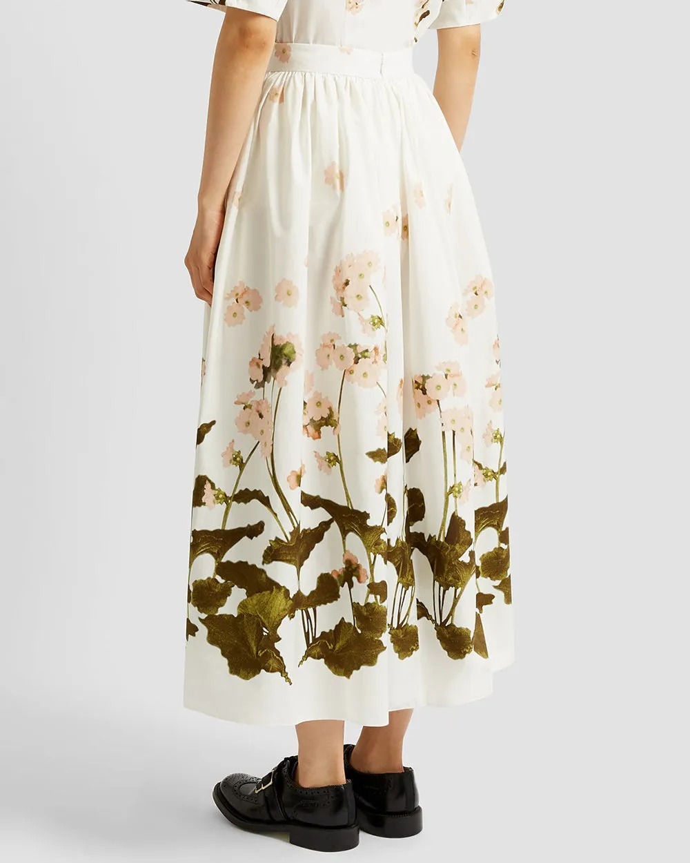 White Elena Garden Gathered Midi Skirt