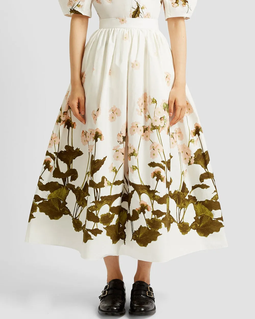 White Elena Garden Gathered Midi Skirt