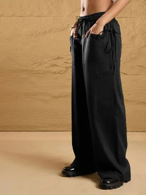 Women Black Waist Drawstring Cargo Pants-SFPANT50870