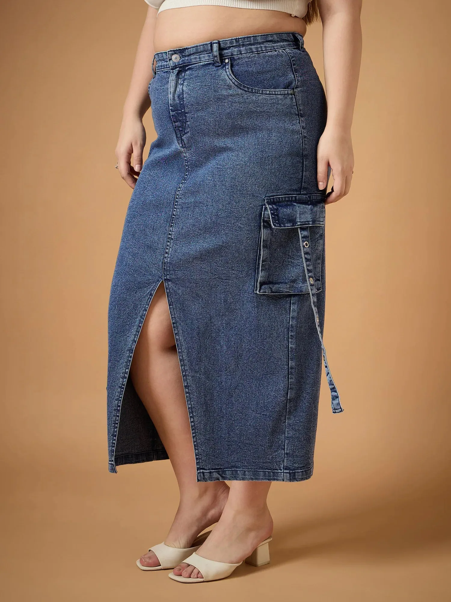 Women Blue Blast Denim Side Pocket Skirt-SFSKRT30463