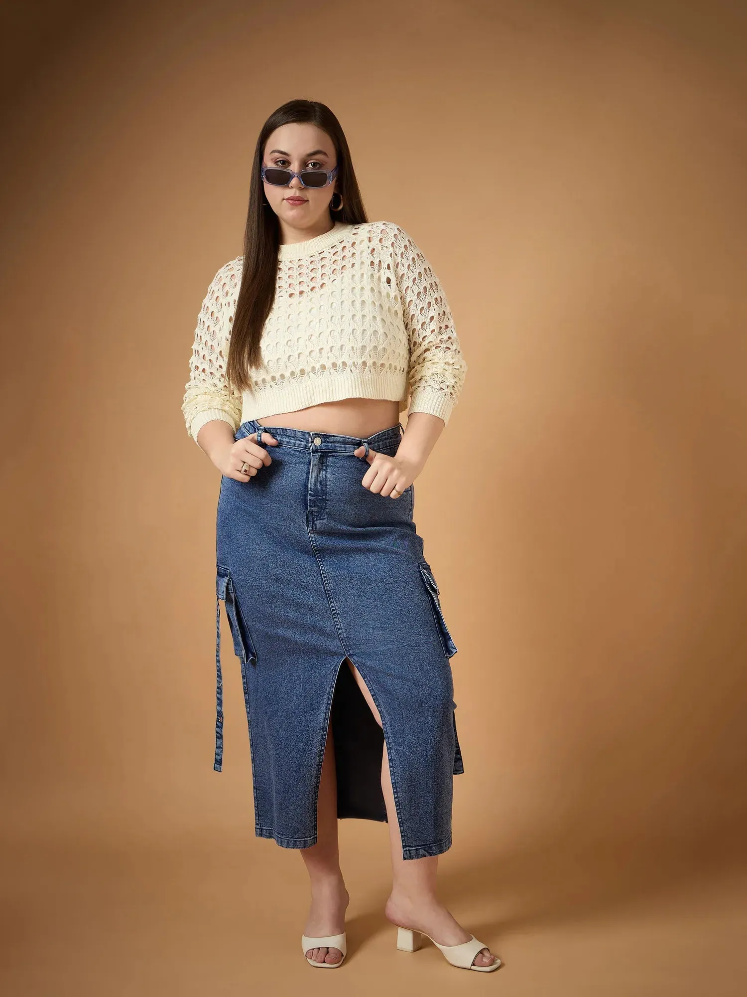 Women Blue Blast Denim Side Pocket Skirt-SFSKRT30463
