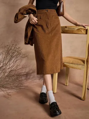 Women Brown Corduroy Mock Pocket Skirt-SFSKRT30472