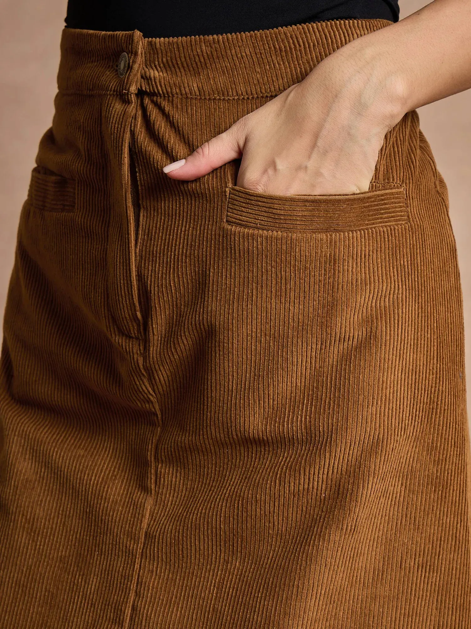 Women Brown Corduroy Mock Pocket Skirt-SFSKRT30472