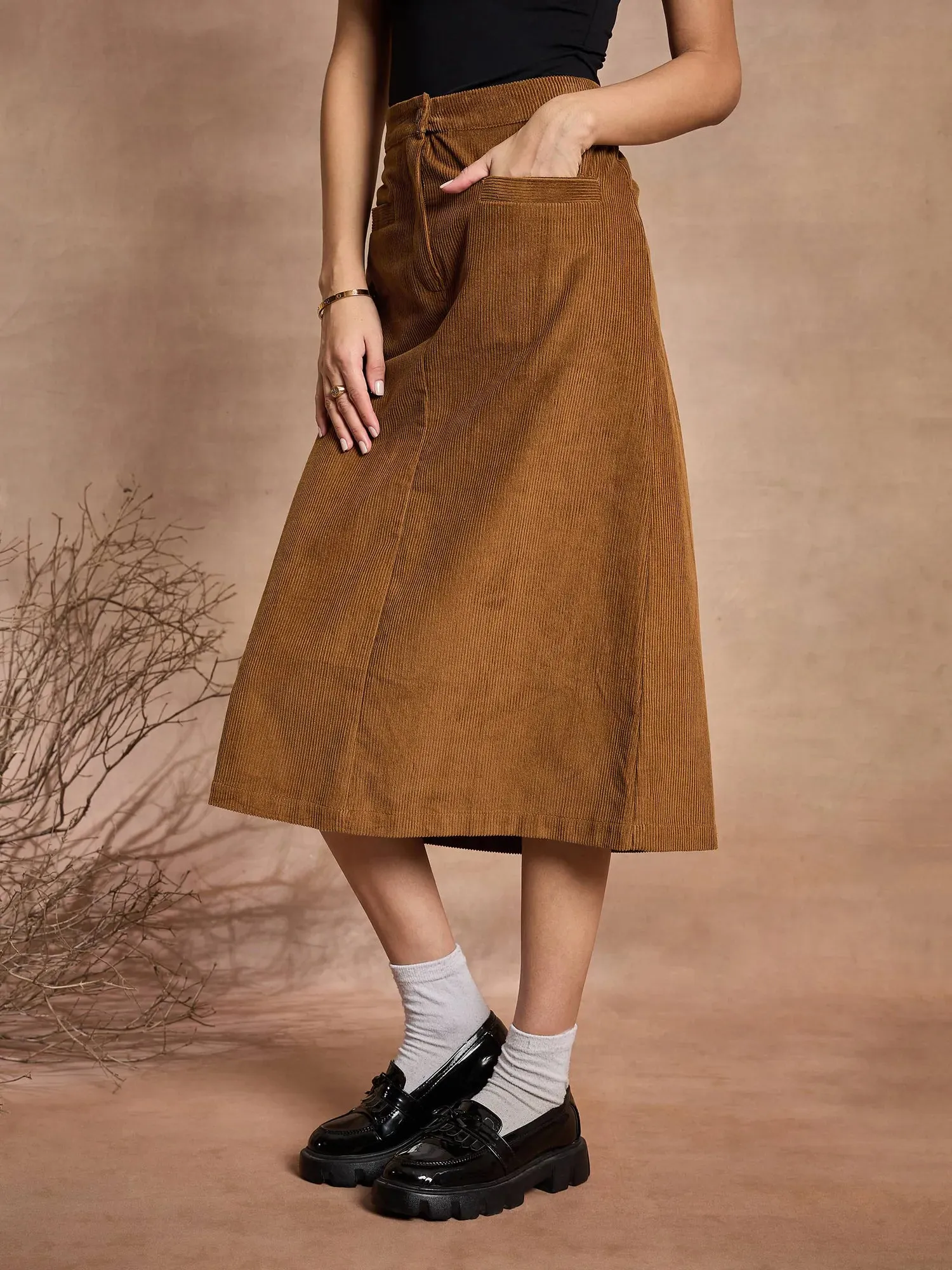 Women Brown Corduroy Mock Pocket Skirt-SFSKRT30472