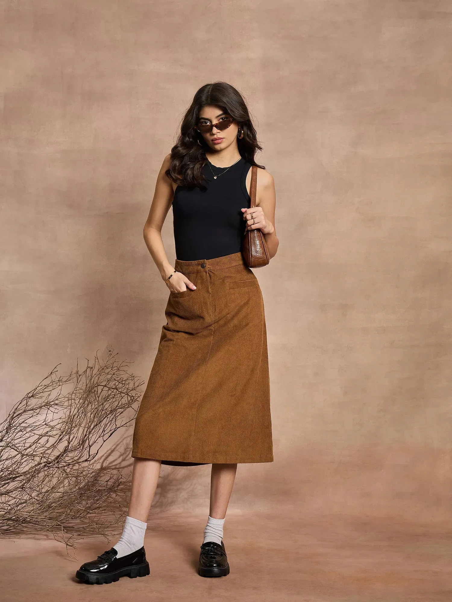 Women Brown Corduroy Mock Pocket Skirt-SFSKRT30472
