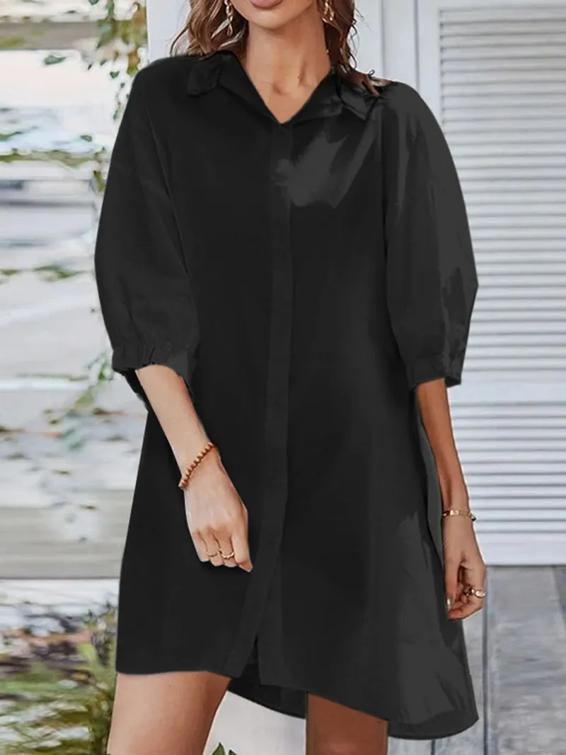 Women Daily Casual 3/4 Length Sleeve Solid Color Shirt Dresses