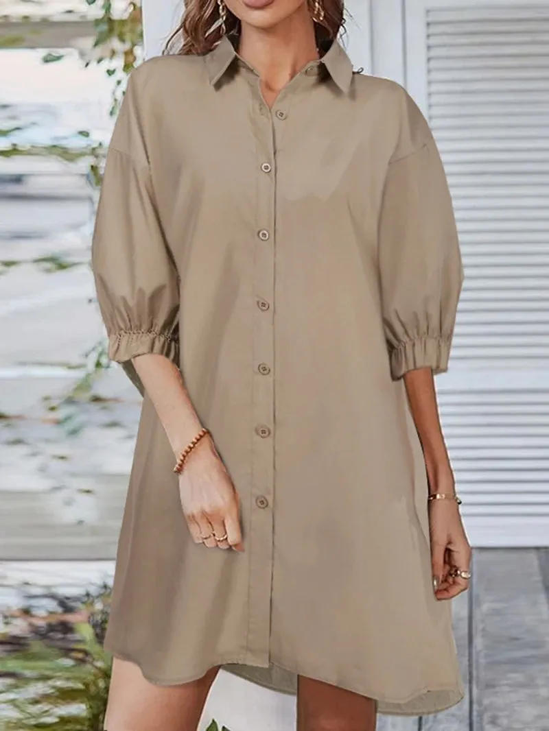 Women Daily Casual 3/4 Length Sleeve Solid Color Shirt Dresses