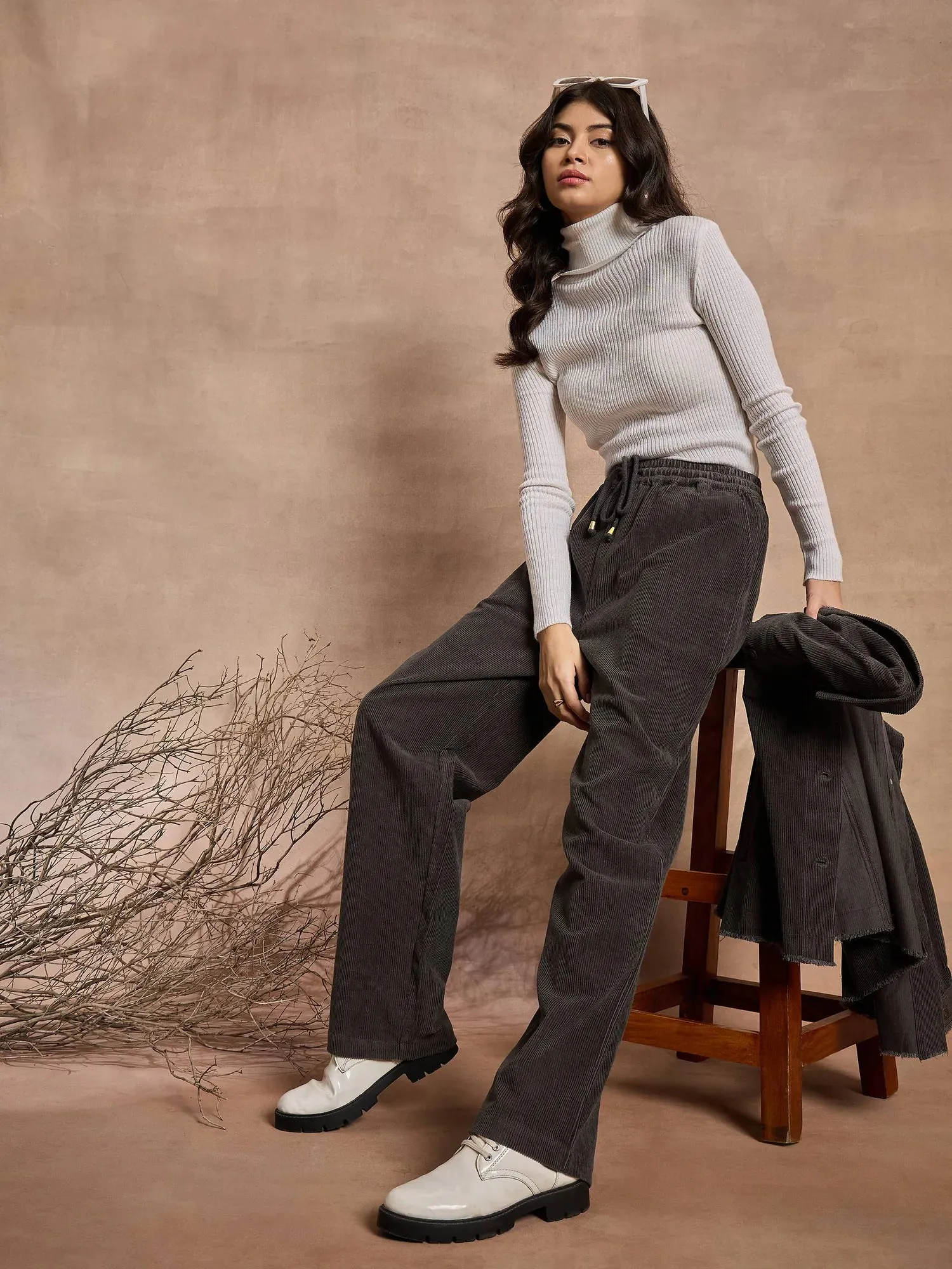 Women Dark Grey Corduroy Straight Pants-SFPANT50966