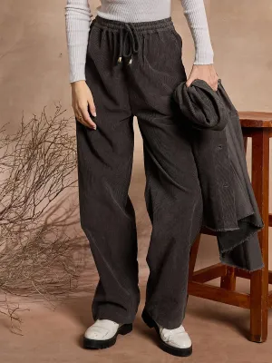 Women Dark Grey Corduroy Straight Pants-SFPANT50966