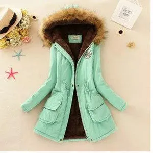 Women Jacket Warm Solid Hooded winter Coat fashion Slim Fur Collar Jackets outwear JT142