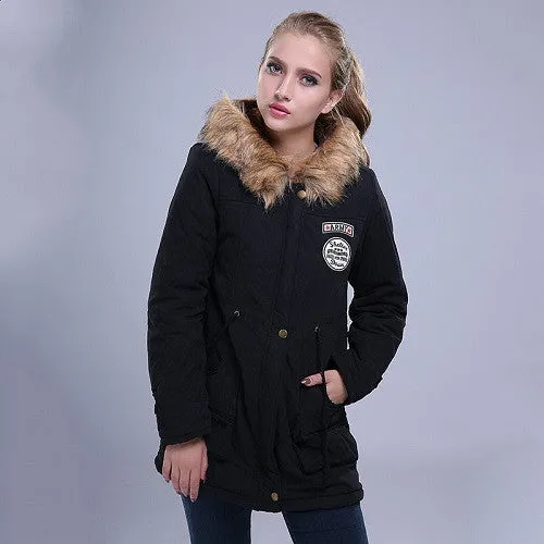 Women Jacket Warm Solid Hooded winter Coat fashion Slim Fur Collar Jackets outwear JT142