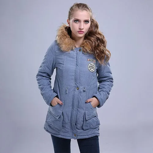 Women Jacket Warm Solid Hooded winter Coat fashion Slim Fur Collar Jackets outwear JT142