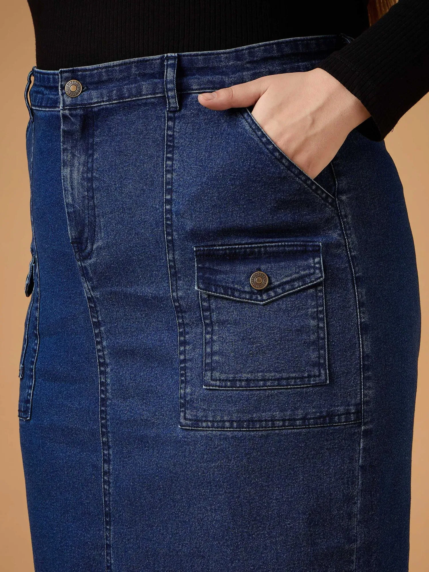 Women Navy Denim Wash Front Slit Skirt-SFSKRT30465