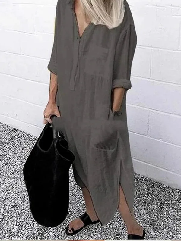Women Pure Color Button Lapel Irregular Hem Shirt Dress