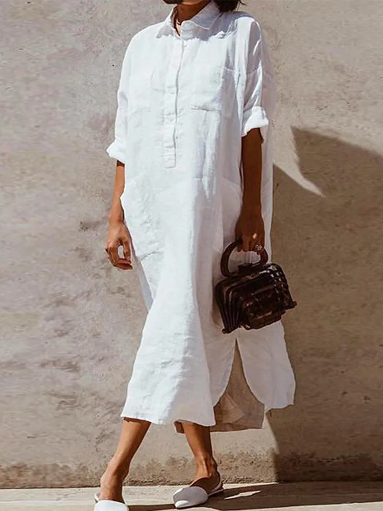 Women Pure Color Button Lapel Irregular Hem Shirt Dress