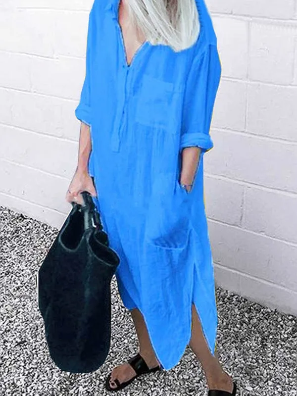 Women Pure Color Button Lapel Irregular Hem Shirt Dress