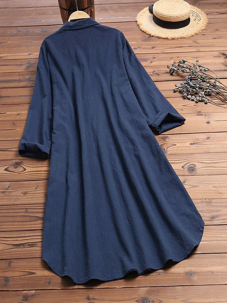 Women Pure Color Button Lapel Irregular Hem Shirt Dress