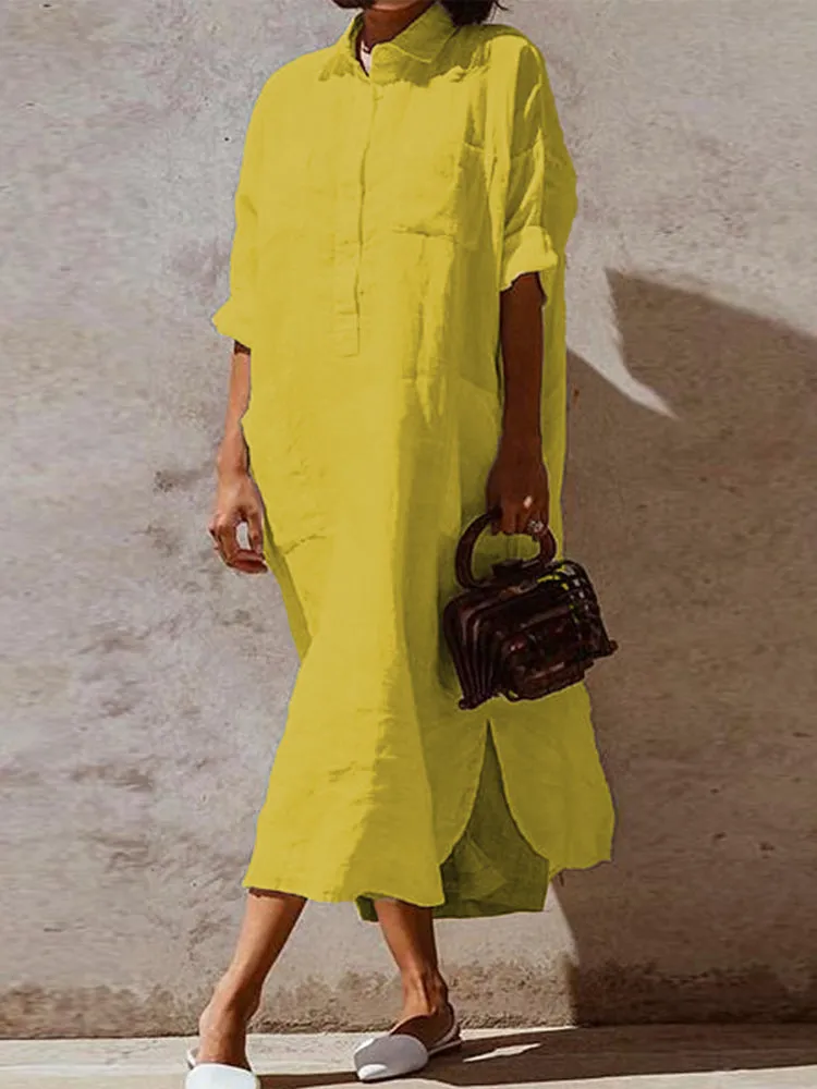 Women Pure Color Button Lapel Irregular Hem Shirt Dress