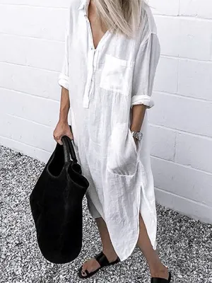 Women Pure Color Button Lapel Irregular Hem Shirt Dress