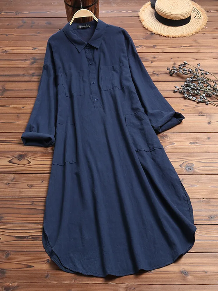 Women Pure Color Button Lapel Irregular Hem Shirt Dress