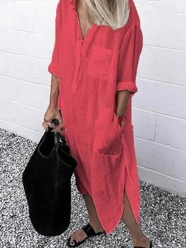 Women Pure Color Button Lapel Irregular Hem Shirt Dress