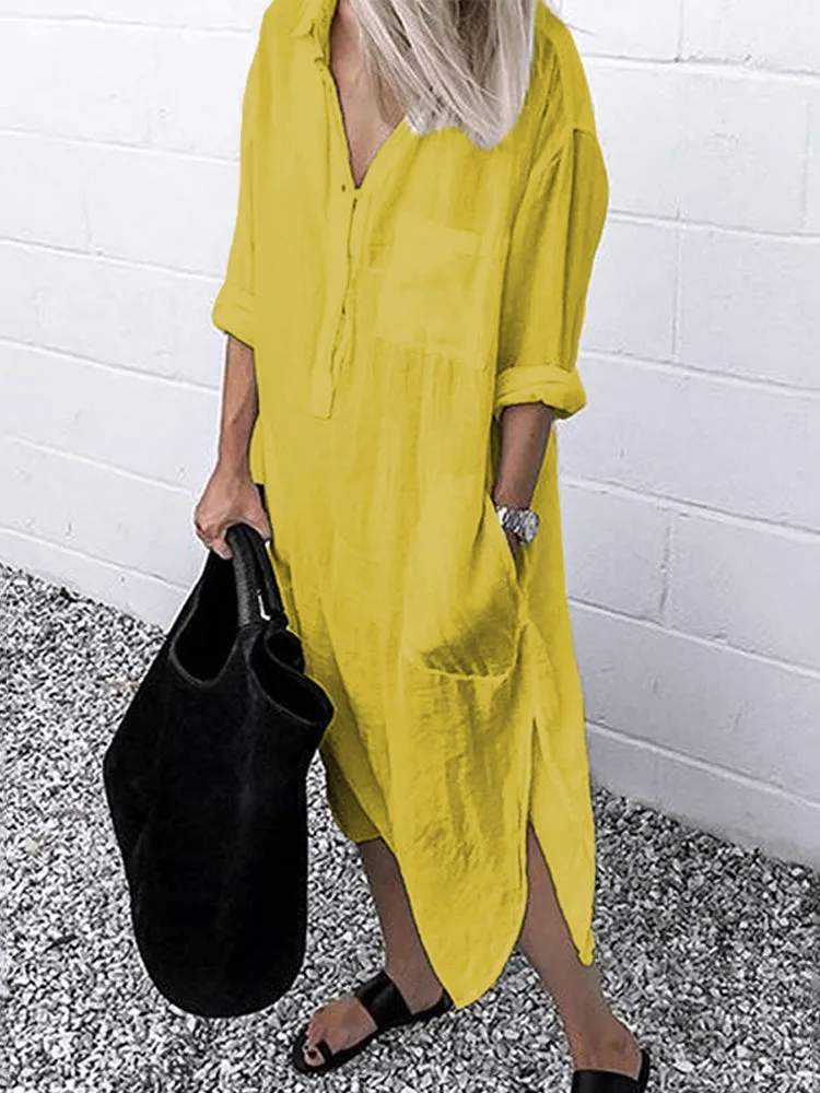 Women Pure Color Button Lapel Irregular Hem Shirt Dress