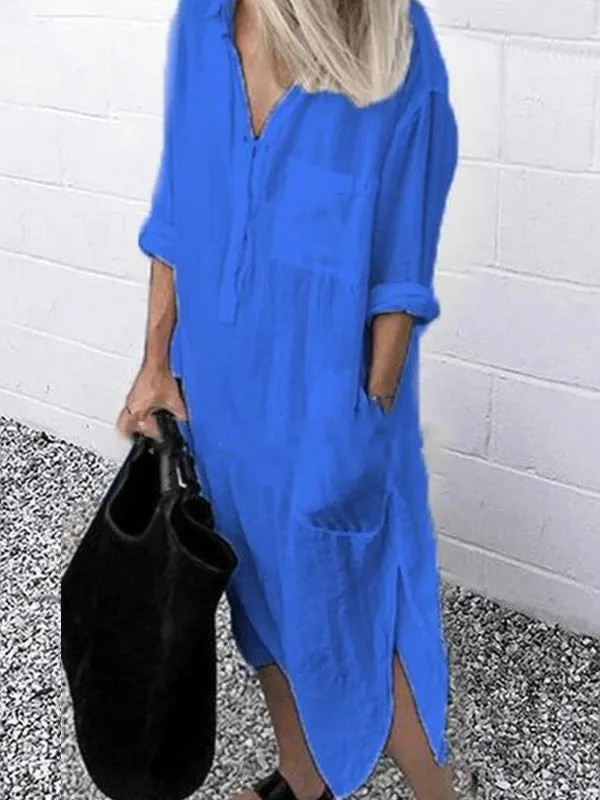 Women Pure Color Button Lapel Irregular Hem Shirt Dress