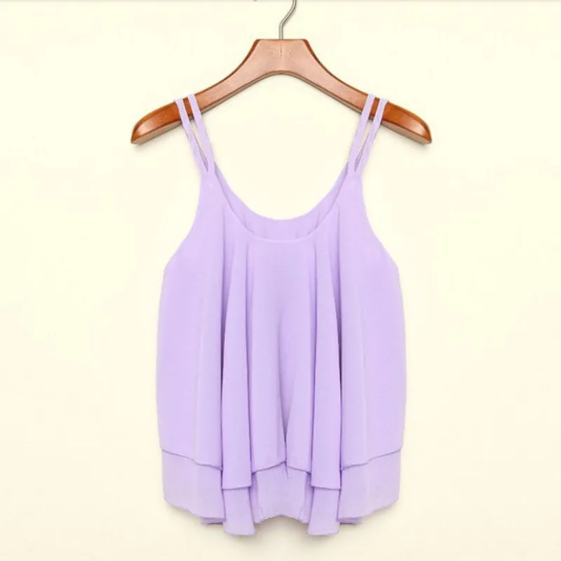 Women Tank Tops Casual Chiffon Double Layer Sleeveless Loose Solid Crop Top Plus Size S-4XL
