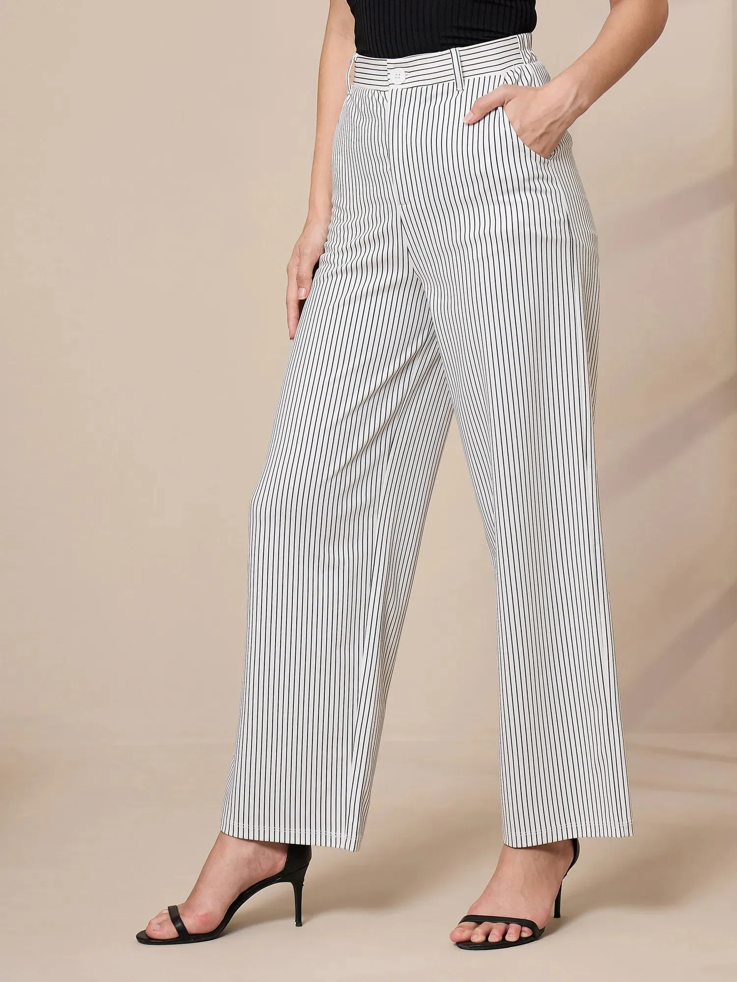 Women White Striped Straight Trousers-SFPANT50905