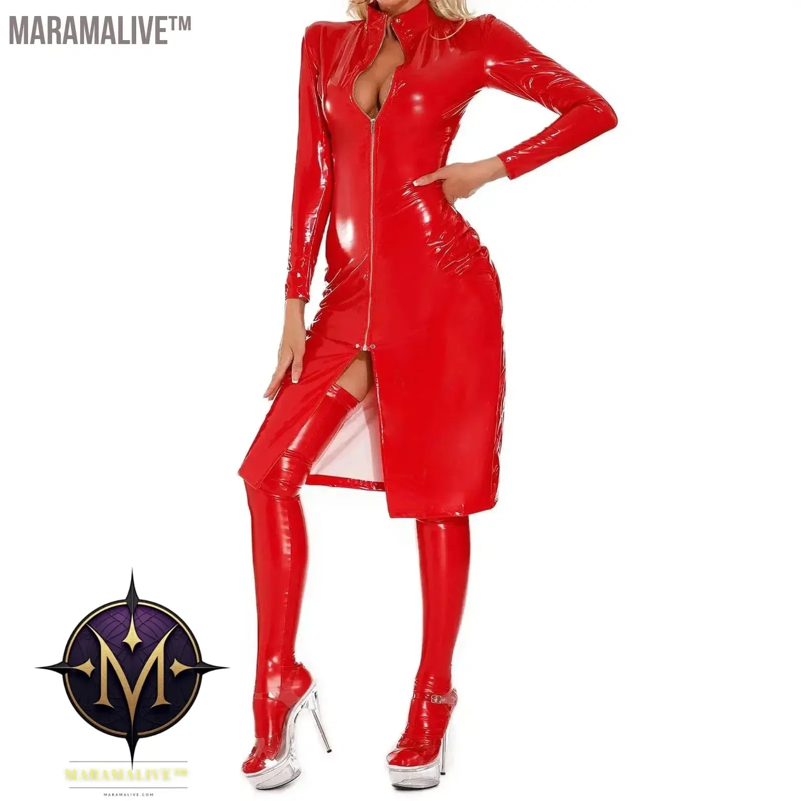 Women Zipper Patent Leather Bodycon Dress Punk Knee Length Stand Collar Long Sleeve Dresses for Nightclub Rave Dance Performance