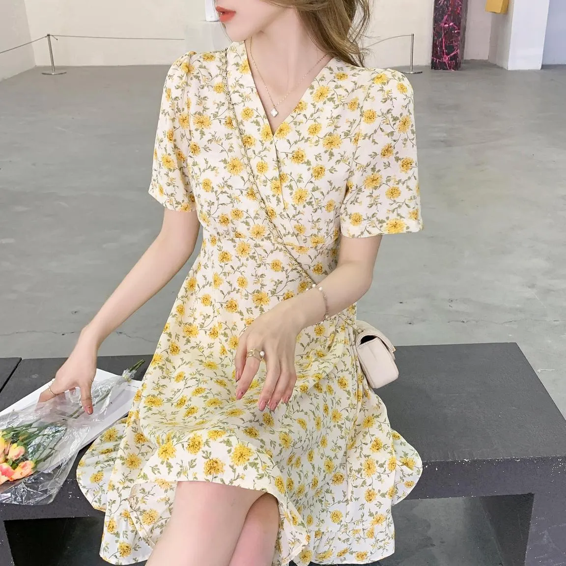 Women’s Chiffon Sundress with Wrap Neckline and Beautiful Floral Print