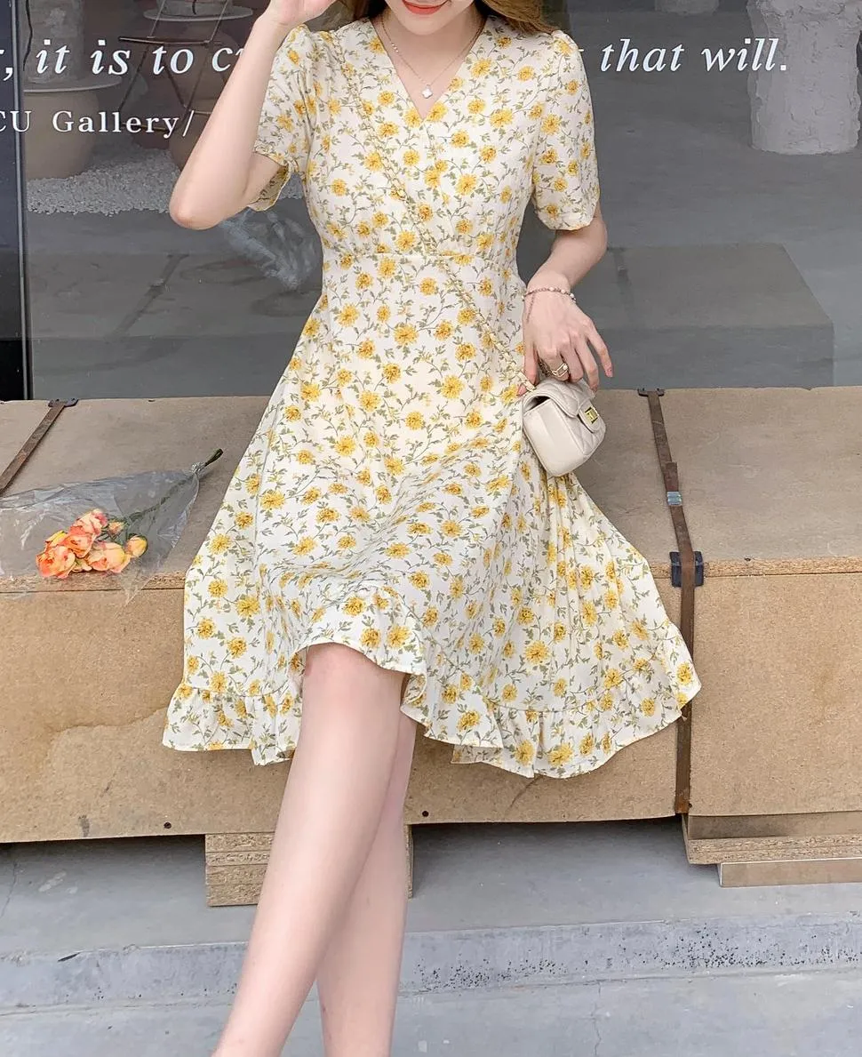 Women’s Chiffon Sundress with Wrap Neckline and Beautiful Floral Print