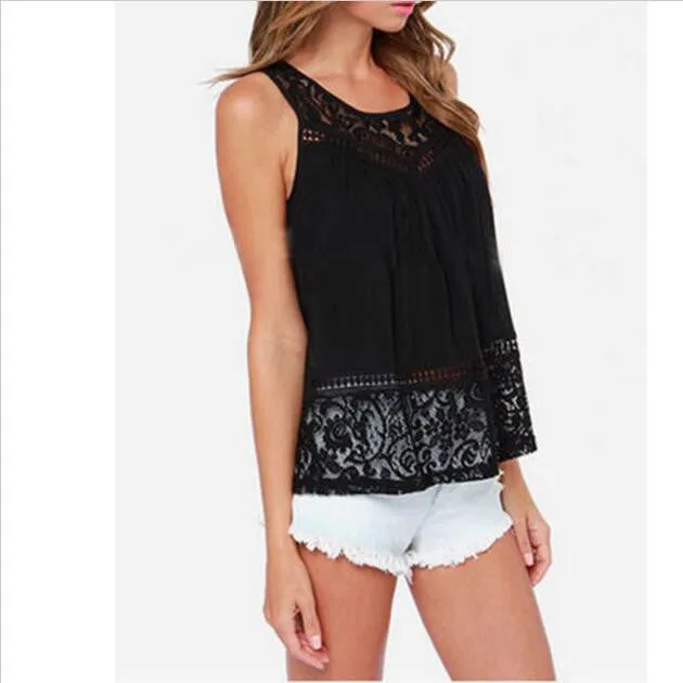Women's Clothing Black Tops & Tees Tanks & Camis Fashion Vest Top Sleeveless Casual Hollow Out Lace Tank Tops Plus Size
