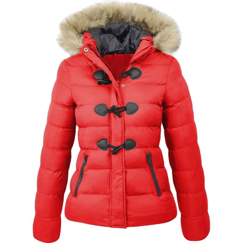 Women's Parkas Winter Jacket Warm Casual Fur Collar Horn Buckle Jackets
