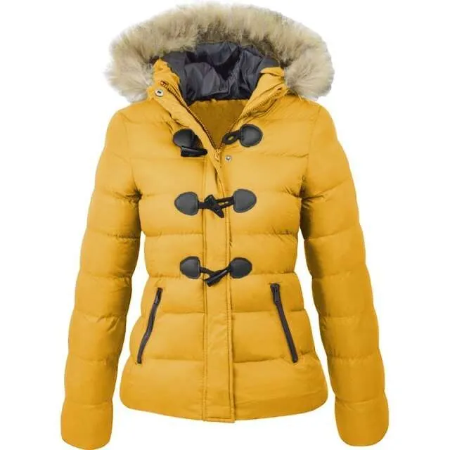 Women's Parkas Winter Jacket Warm Casual Fur Collar Horn Buckle Jackets