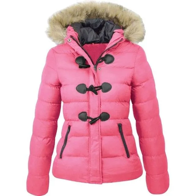 Women's Parkas Winter Jacket Warm Casual Fur Collar Horn Buckle Jackets