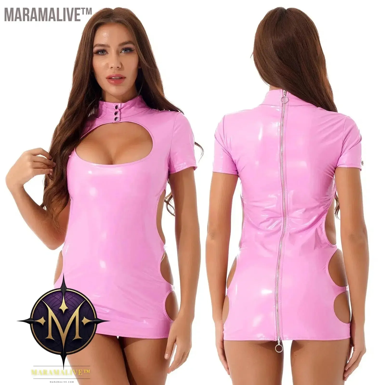 Womens Sexy Ladies Wet Look Costume Pole Cocktail Leather Bare Breast Mini Dress PVC Latex Short Sleeve Back Zipper Clubwear