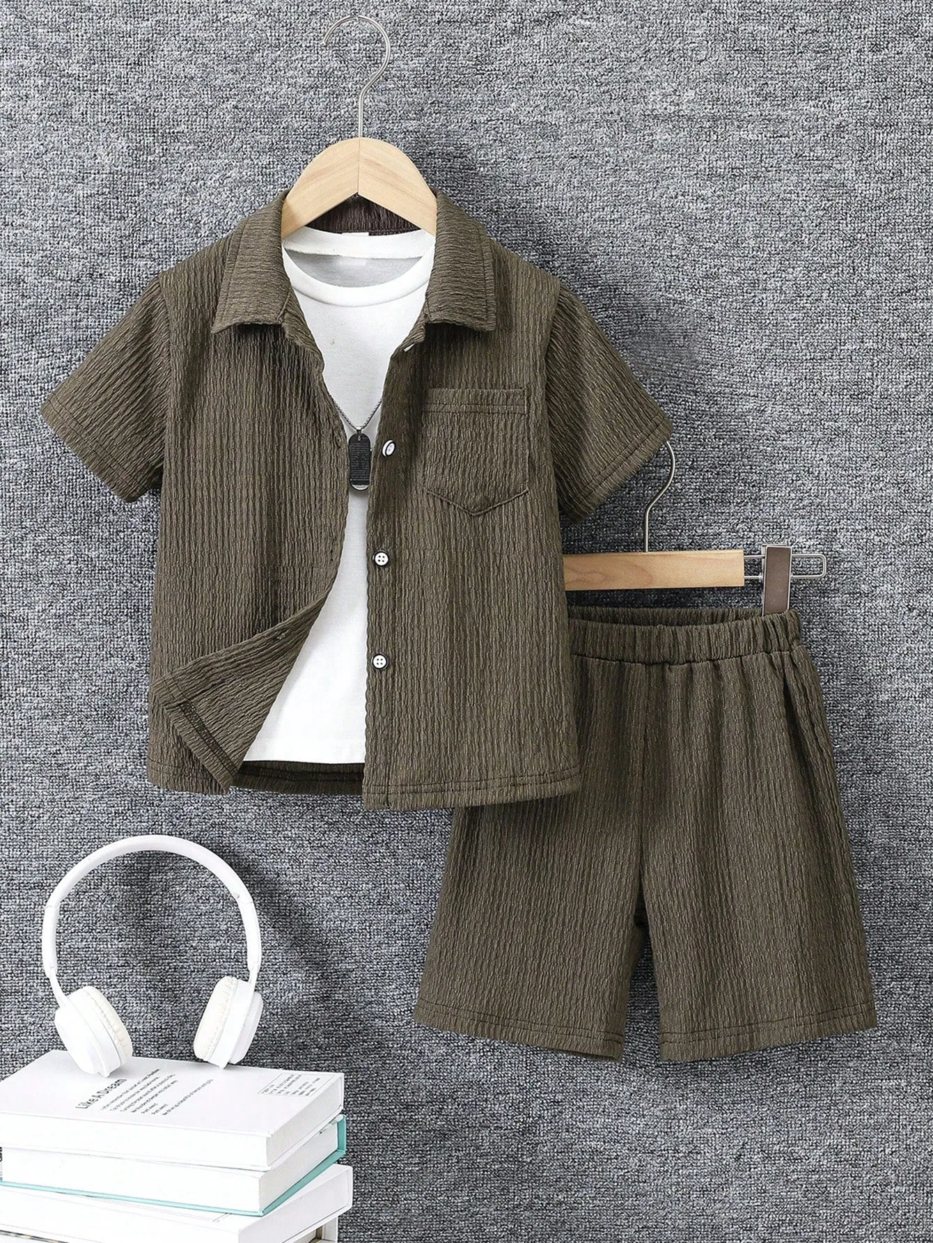 Woven button down shirts| Boy Plain Button Down Shirt & Shorts Set