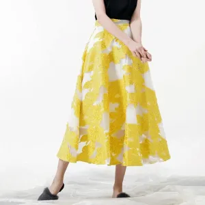 Yellow Embroidery Skirt High Waist Zipper Long Skirts