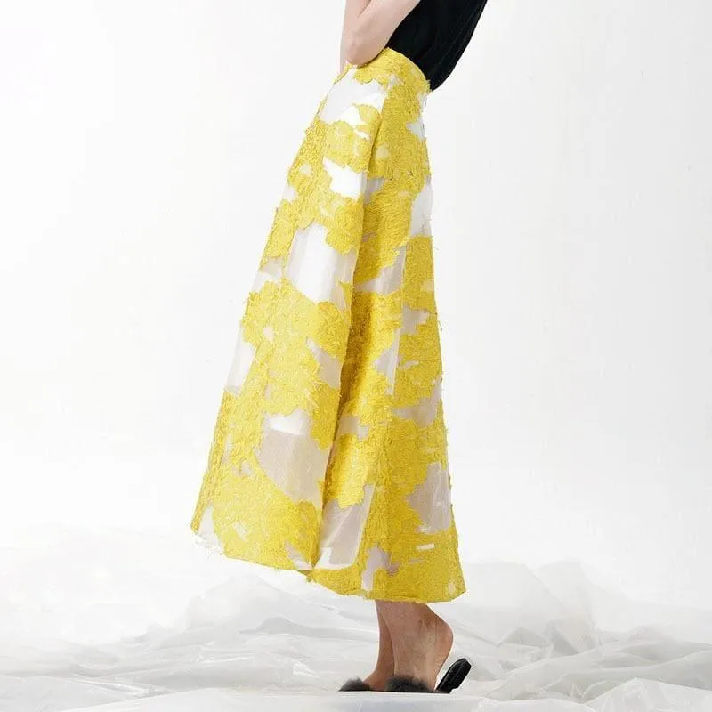Yellow Embroidery Skirt High Waist Zipper Long Skirts