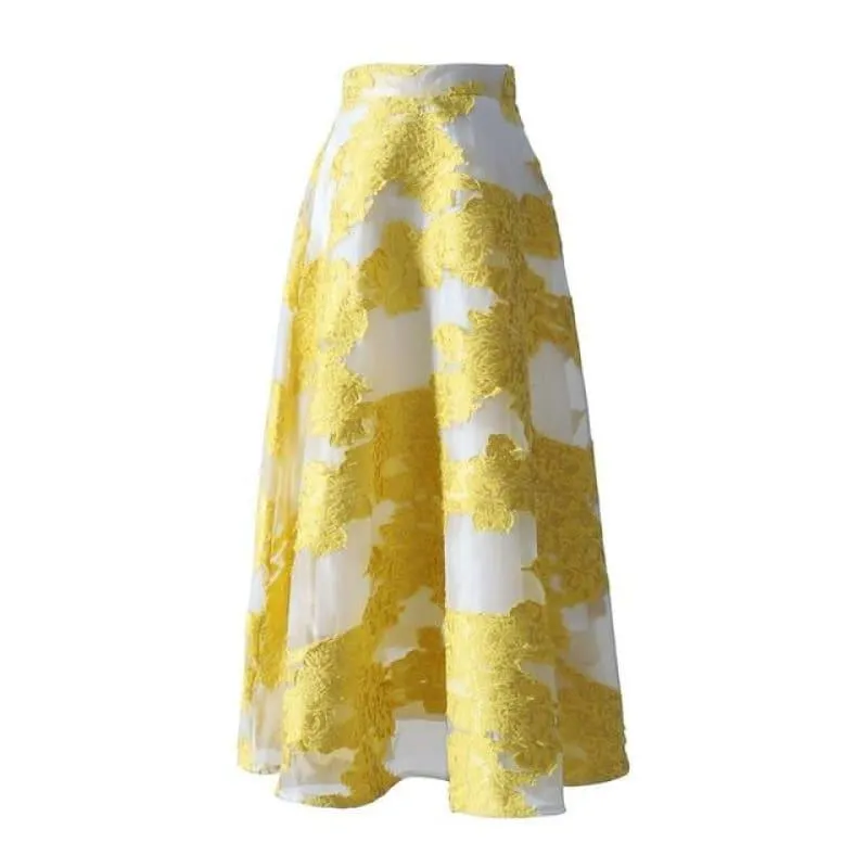 Yellow Embroidery Skirt High Waist Zipper Long Skirts