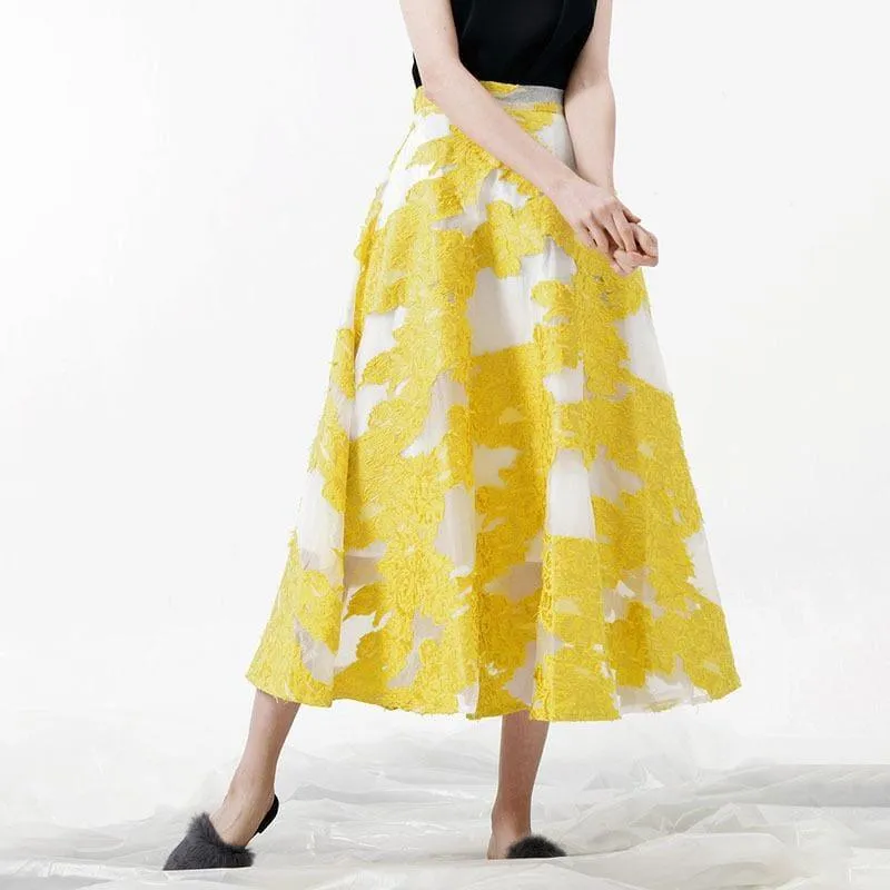 Yellow Embroidery Skirt High Waist Zipper Long Skirts